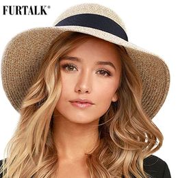 FURTALK Summer Hat for Women Beach Sun Straw Panamá Fedora Fedora Capa ancha Protección UV Femenina 240415