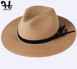 FURTALK été paille pour femmes chapeau de plage hommes Jazz Panama chapeaux Fedora large bord casquette de Protection solaire avec ceinture en cuir Y2006029717076