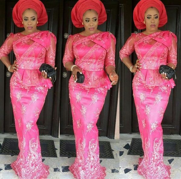 Fushia Aso Ebi Plus La Taille Robes De Soirée Col Transparent Demi Manches Robe De Bal Sirène Balayage Train Appliques Peplum Femmes Robes Robe De Soirée