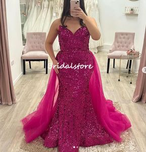 Fushia rose sirène robe de bal à paillettes avec train détachable grande taille robes de soirée 2023 Dubaï arabe chérie longueur de plancher robes de fiançailles de fête formelle