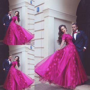 Fushia zei Muhammad prom dresses kant applique a line korte mouw avondjurken Arabische vrouwen formele feestjurk