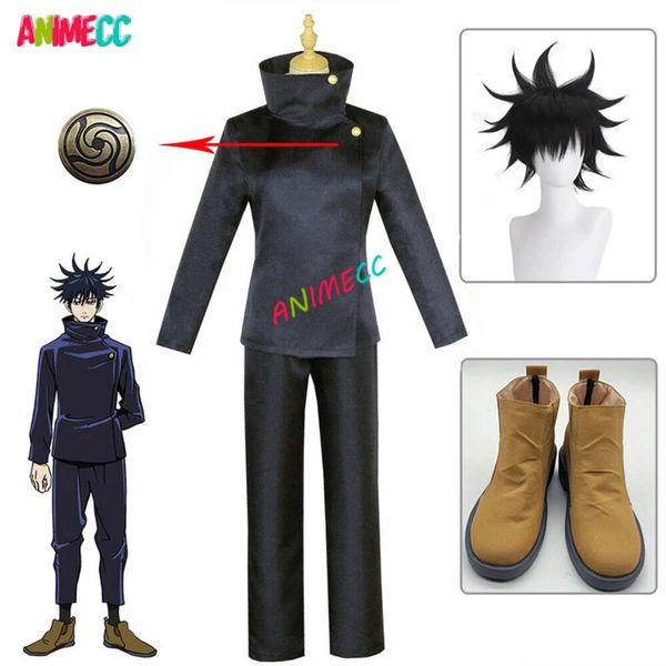 Fushiguro Megumi Jujutsu Kaisen, disfraz de Cosplay, peluca azul, uniforme negro, Top + Pantalones, fiesta de Halloween para hombres y niños, cosplay de S-XXL