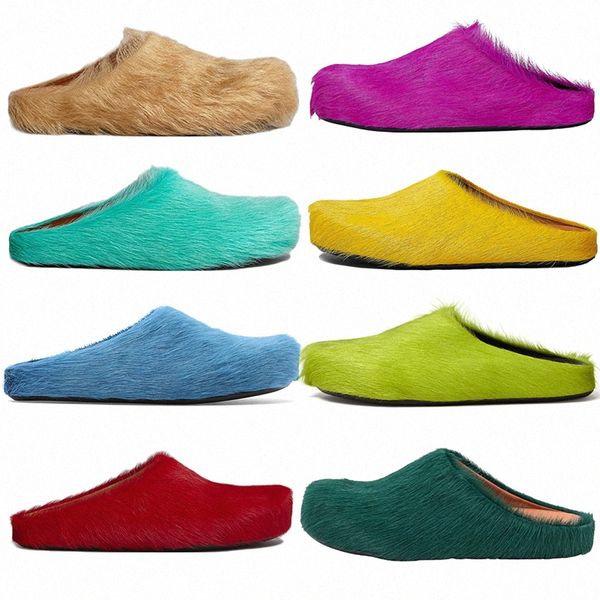 Fussbett Sabot Piel de becerro Diapositiva Largo Becerro Pelo Cuero Zapatilla Mocasines Hombres Mujeres Negro Blanco Naranja Azul Verde Rojo Caqui Zapatos peludos Zapatillas U3Fx #