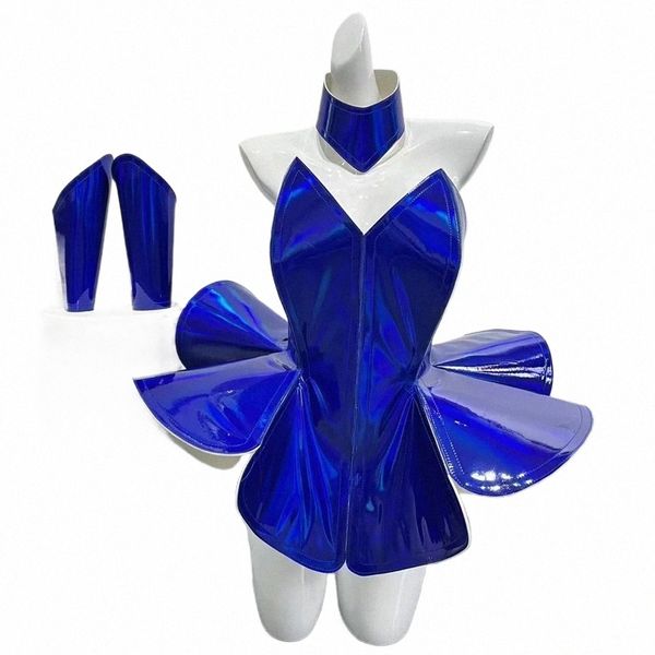 Future Technology Costume réfléchissant Glitter Laser Blue Bubble Mini Dr Jazz Dance Vêtements Bar Stage Sexy Drag Queen Costume R1bF #