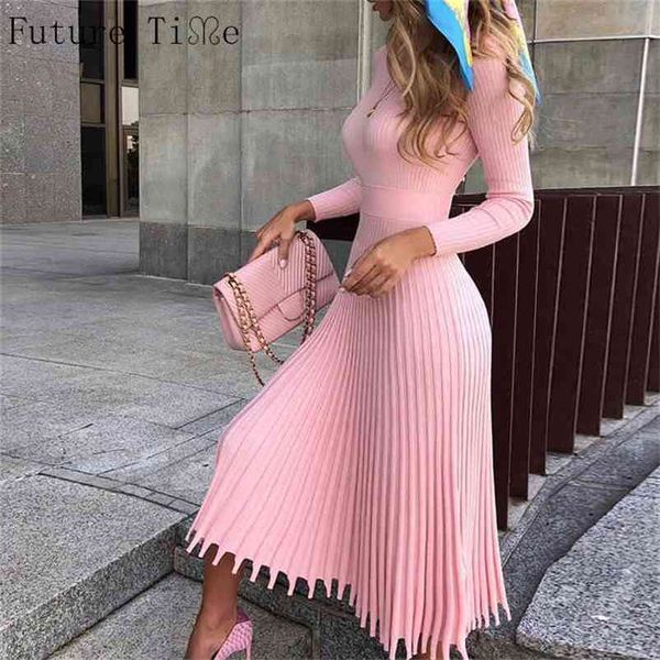 Tiempo futuro Mujeres Vestido largo de punto Otoño Invierno Manga delgada Vestidos para damas Elegante Fiesta Vestido de suéter femenino 8 colores F792 210806