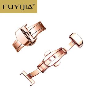 FUYIJIA hommes femmes montre accessoires Double presse fermoir pliant en acier inoxydable boucle papillon pour véritable bracelet en alligator 240104