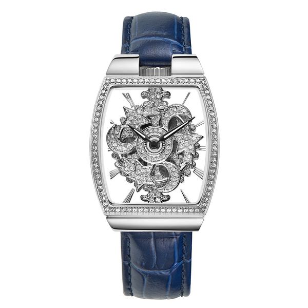 Fuyijia New Hollow Quartz montres femme Full Diamond à 360 degrés Rotation de baril Type de baril Watch Watch Cuir imperméable Horloge