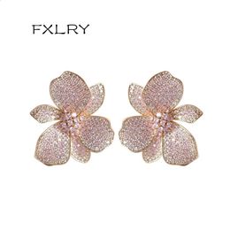 Fxlry Design Fashion Golden Color Cubic Zirconia Big Flower Stud Eearring For Women Wedding Bride Jewelry 240127