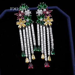 FXLRY Multi couleur fleur pendante CZ pierre longue grand gland goutte boucle d'oreille pour les femmes de luxe cubique zircone bijoux 240401