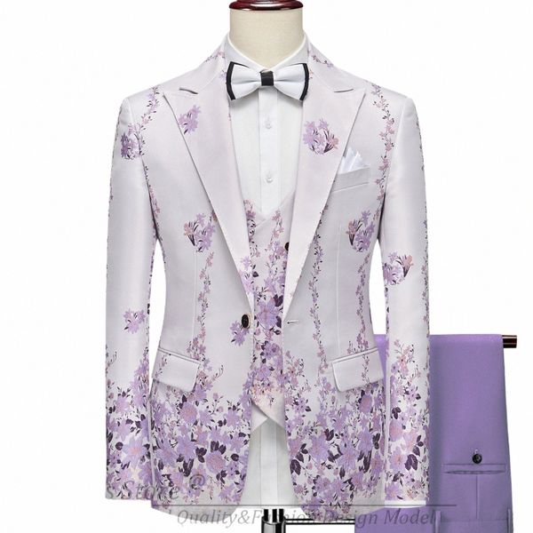 GN 2023 Nouvelle série Hommes Costumes Blazer Belle Lilas Violet Motif floral Tuxedos 3 pièces Costume de fête formelle Homme Slim Fit X2Mq #