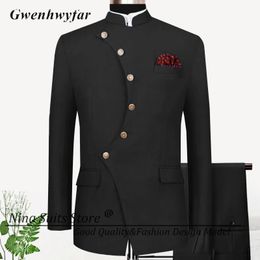 G N 2024 Afrikaanse Ontwerp Mannen Pakken Hele Zwarte Unieke Blazer Knop Manier Slim Fit Broek Bruidsjonkers Bruiloft Smoking 2 Stuks Pak 231228