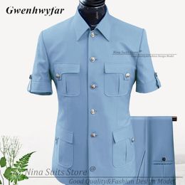 G N Custom Made Africa Style Men Suits Sky Blue 2024 Pantalones regulares de Blazer de manga corta para hombres de negocios Contabilidad de reuniones formales 240524