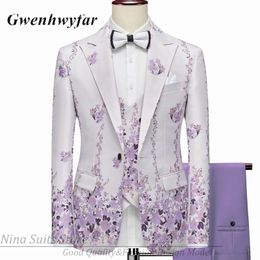 G N-serie Herenkostuums Blazer Mooi Lila Paars Bloemenpatroon Smoking 3 Stuks Formeel Feestkostuum Homme Slim Fit 240312