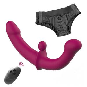 G-spot Dubbel enigse volwassen seksspeeltjes met 10 modi strapless strap-on dildo vibrator met afstandsbediening voor vrouwelijke lesbische paren 240401