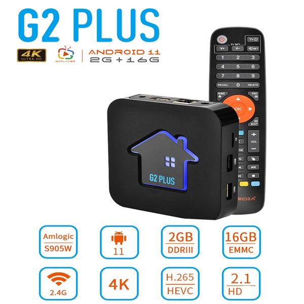 G2 PLUS Android 11 TV BOX, 4K UHD Amlogic 905W2 Quad Core 2GB 16GB 2,4G WIFI reproductor multimedia Netfl1x Set Top Box