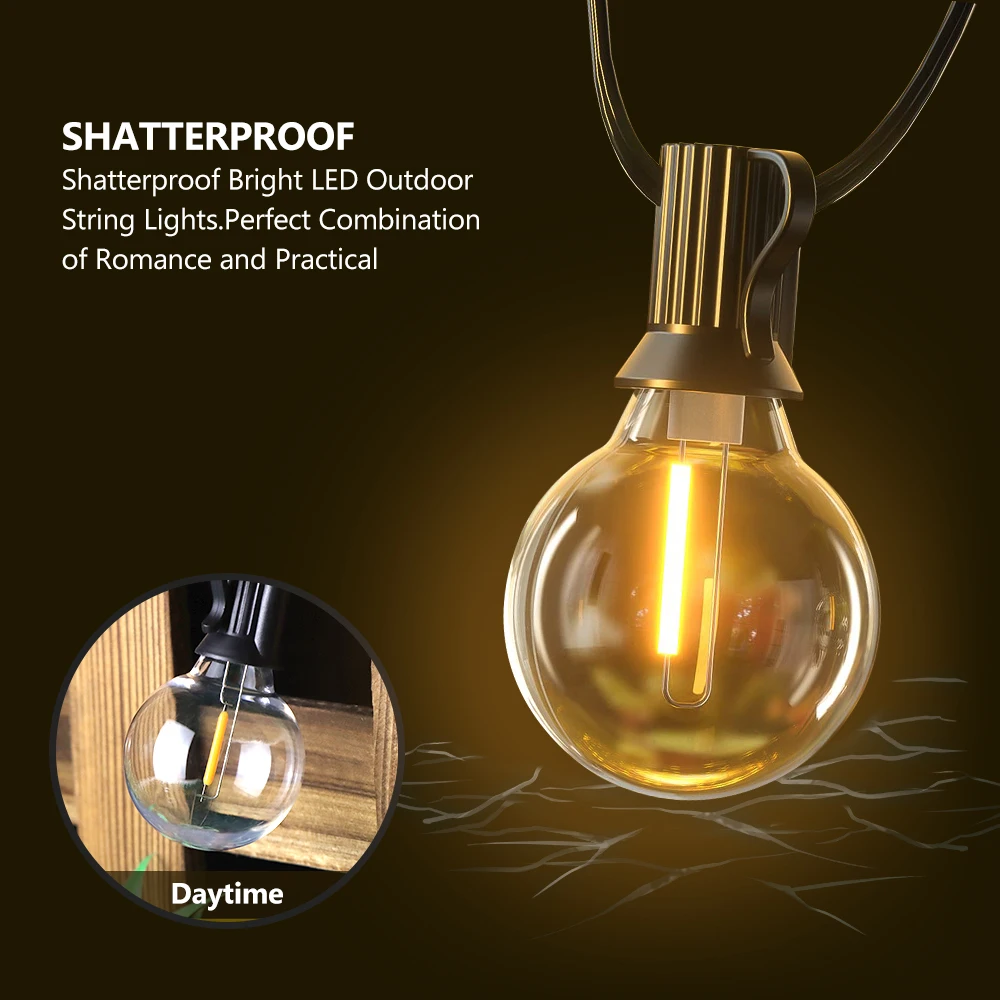 G40 LED Globe String Lights Outdoor, 15m 50 szt. Plastikowe żarówki IP65, balkonowe lampy garland