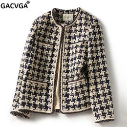 GACVGA Elegant Weave Plaid Women Blazer met zak en voering Autumn Winter Causale tweed Coat Office Ladies Suit jas 231229