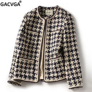 GACVGA Elegant Weave Plaid Women Blazer met zak en voering Herfst Winter Causale tweed Coat Office Ladies Suit jas 220818