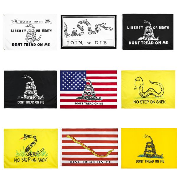 Gadsden Flag Freeshipping 9 Estilos Directo de fábrica al por mayor 3x5Fts 90x150cm No me pises Tea Party Rattle Snake Banner EE. UU.