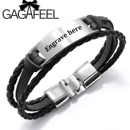 Gagafeel 4 kleuren aangepaste gravemanje voor mannen punk multilayer armband roestvrij staal pu lederen bangle speciaal cadeau voor man233o