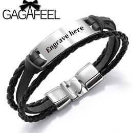 GAGAFEEL 4 couleurs personnalisé graver Bracelet pour hommes Punk multicouche Bracelet en acier inoxydable PU cuir bracelet cadeau spécial pour Male274R