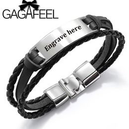 GAGAFEEL 4 kleuren aangepaste graveren armband voor mannen punk meerlaagse armband roestvrij staal PU lederen armband speciaal cadeau voor Male216G