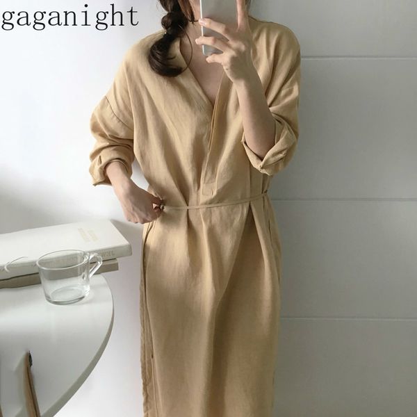 Gaganight Casual Oversize Mujer Camisa Vestido Manga larga V Cuello Moda Coreana Primavera Oficina Lady Chic Vestidos Maxi Vestidos 210519