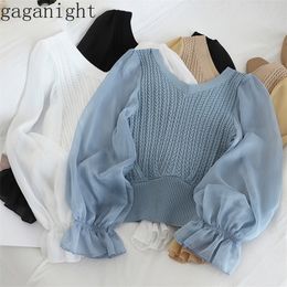 Gaganight elegante vrouwen blouse chiffon lange mouw v nek solide lente herfst nieuw mode shirt kantoor dame zoete korte blusas 201202