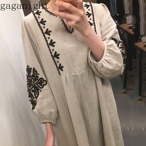 Gaganight broderie vintage femmes robe maxi manches longues col en V décontracté lâche mode printemps robes d'été chic robes coréennes 210519