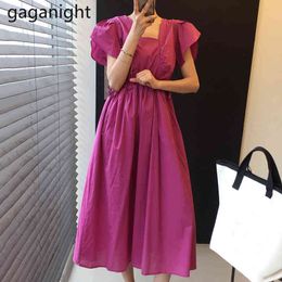 Gaganight koreaans zomer jurk vrouwen korte mouwen effen strand vakantie midi jurken ruches trekkoord vintage sundress vestidos 210519