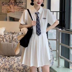 Gaganight preppy stijl korte mouw witte jurk zomerstudenten stropdassen geplooide jurk hoge taille casual mini-jurk vrouwen 210519