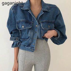 Gaganight Primavera Chaqueta de mezclilla Mujer Solapa Puff Manga larga Corta Outwear Vintage Casual Jean Chaquetas Abrigo de mezclilla Mujer 210519