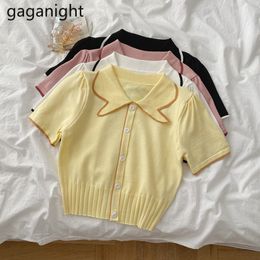 Gaganight Verano Camiseta de punto Tops Mujeres Turn-Down Collar Botón Up Crop Tees Coreano Manga corta Casual Suéteres delgados 210519
