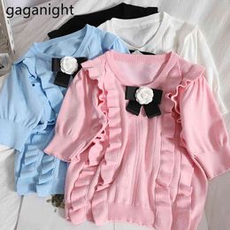 Gaganight Süße Frauen Stricken Kurze Ärmel Sommer T-shirt O Hals Bogen Rüschen Mode Mädchen T-shirt Crop Tops Chic Koreanische 210519