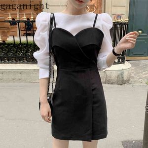 Gaganight vintage mode vrouwen wit elegante trekhok shirt zwart mini korte sexy jurk kantoor dame lente zomer chic 210519