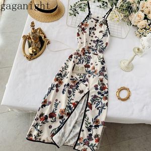 Gaganight vintage bloem sexy zomer vrouwen feestjurk mouwloze hoge split mode maxi vakantie jurken vrouwelijke vestidos slanke 210519