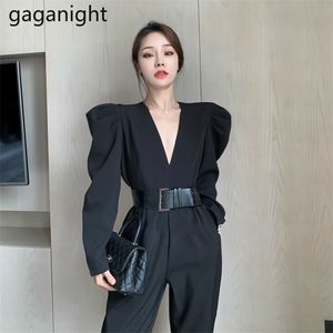Gaganight Vintage solide femmes combinaison sexy col en V profond combishort élégant bureau dame body mode avec ceinture coréenne plus la taille 211119