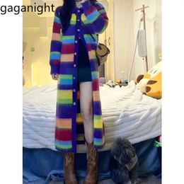 Gaganight Dames Regenboog Streep Kleur Contrast Mid Lengte Gebreid Vest Dames Herfst Winter Vintage Mohair Trui Jas 240219