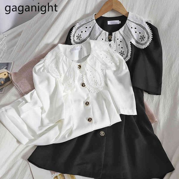 Gaganight Vestido para mujer Verano Color sólido Botón Up Shirt Vestido con volantes Peter Pan Collar Mini A-Line Vestidos Negro Blanco 210519