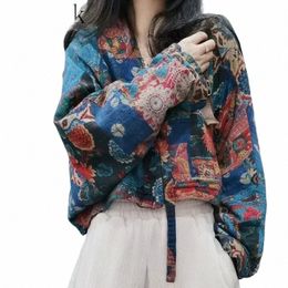 Gagaok-Parkas originales étnicas de colores florales, chaqueta corta con cuello en V, chaquetas de arte Retro holgadas para mujer, otoño e invierno, 2023, 835L #