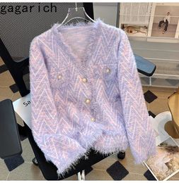 Gagarich violet petit parfum veste femmes printemps automne Style frangé Tweed tricots tempérament français vison vers le bas pull haut 240116