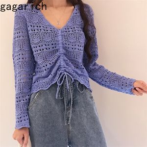 Gagarich vrouwen blouse Koreaanse stijl lente zomer losse vneck holle out Drawstring geplooide korte snoepjes met candycolored tops 220811