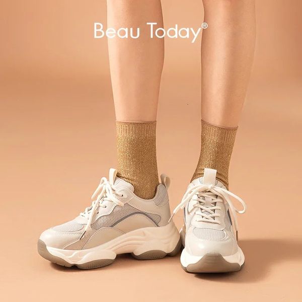GAI Beautoday grosses baskets femmes maille cuir plate-forme chaussures couleurs mélangées à lacets dame baskets à la mode semelle épaisse à la main 29401 240115