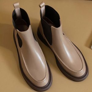 GAI Boots Kanseet Zapatos de mujer Punta redonda Elástico Cuero genuino Tobillo Moda Otoño Invierno Albaricoque Tacón grueso para dama 221014