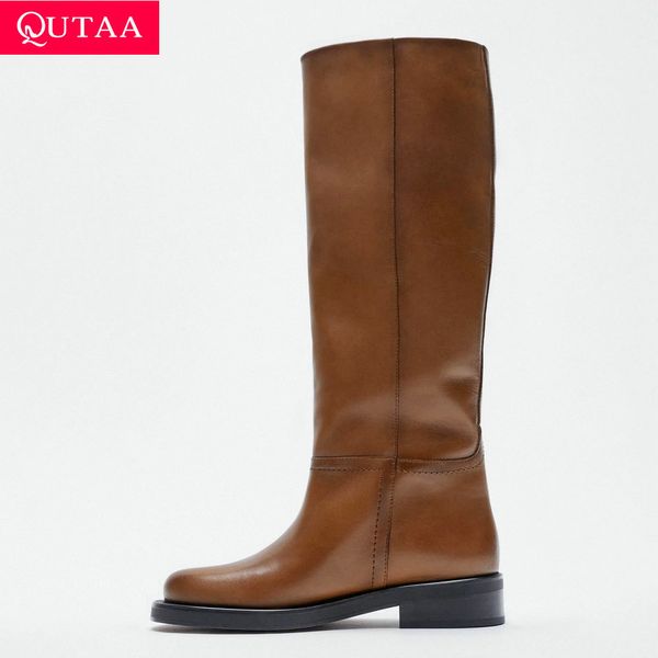 GAI Boots QUTAA ZA Mujeres Rodilla Alto Cuero de vaca completo Tacones Med Mujer INS Office Lady Motocicleta Zapatos largos de invierno Za 34-40 221014