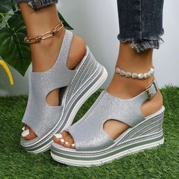 GAI Uitgesneden Glitter Kleur Gouden Sier Casual Wiggen Een Lijn Gesp Peep Toe Vrouwen Zomer Strand Sandalen 230414 GAI