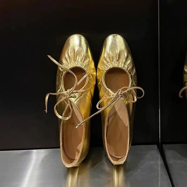 GAI GAI Zapatos de vestir, bailarinas, zapatos de cuero para mujer, zapatos planos de banda estrecha Sier, calzado de primavera con punta redonda dorada ostentosa 231009