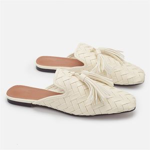 GAI, mulas con punta cuadrada, zapatillas de verano para mujer, zapatos planos con flecos, sandalias con borlas para mujer, cómodas chanclas de playa blancas tejidas 230713 GAI