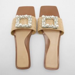 GAI TRAF, zapatillas planas con correa ancha tejida para mujer, zapatillas con perlas delanteras de otoño, sandalias de punta cuadrada para mujer, chanclas sexis para playa 230414 GAI