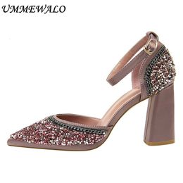 GAI UMMEWALO bride à la cheville femmes chaîne conception Sexy bout pointu sandales femme talon carré haute dames chaussures 230414 GAI